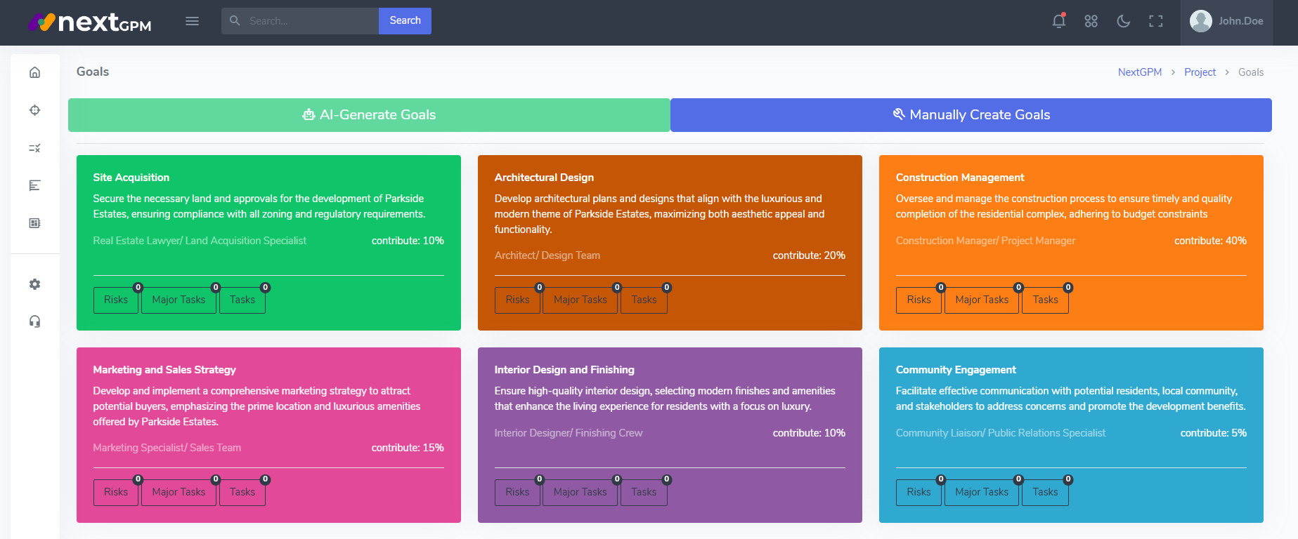 SMART Goals AI Generated View showing SMART GOALS cards in nextgpm app