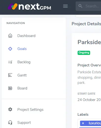 Project details left sidebar expanded Goals link NextGPM app