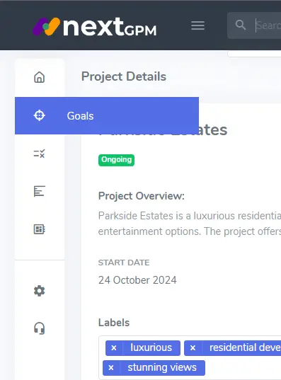 Project details left sidebar Goals link NextGPM app