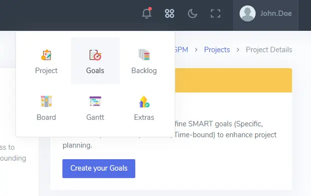 Project details top navigation Goals link NextGPM app